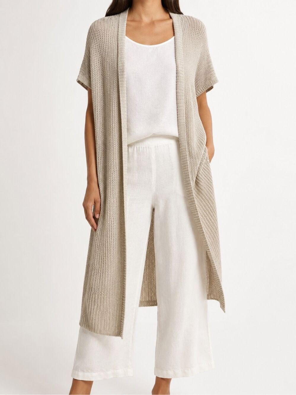 Eileen Fisher Size M Silk Linen Open Knit Long Cardigan Duster Beige